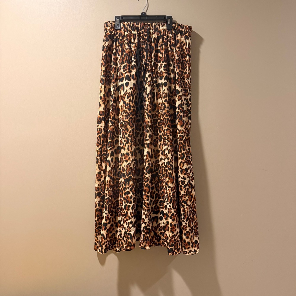 Leopard Print Maxi Skirt Women L Brown Elastic Waist Indie Sleaze Boho Mob Wife